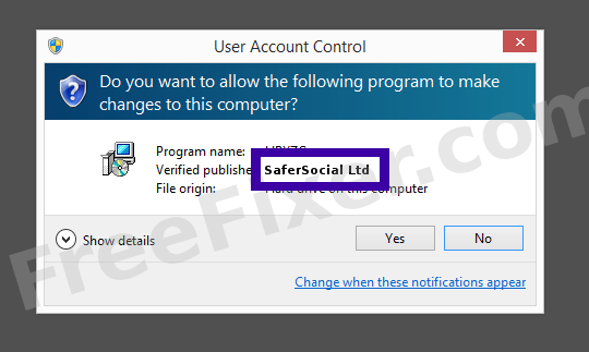 Screenshot where SaferSocial Ltd appears as the verified publisher in the UAC dialog